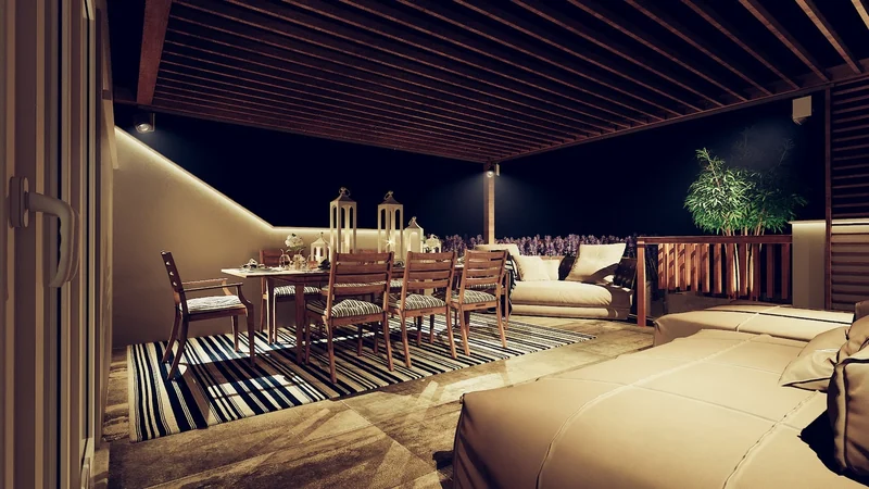 Pavimentazione e sedute di una terrazza coperta