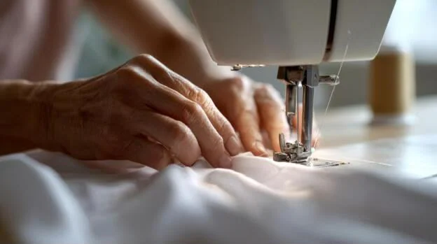 Mani che accompagnano il tessuto durante la cucitura a macchina